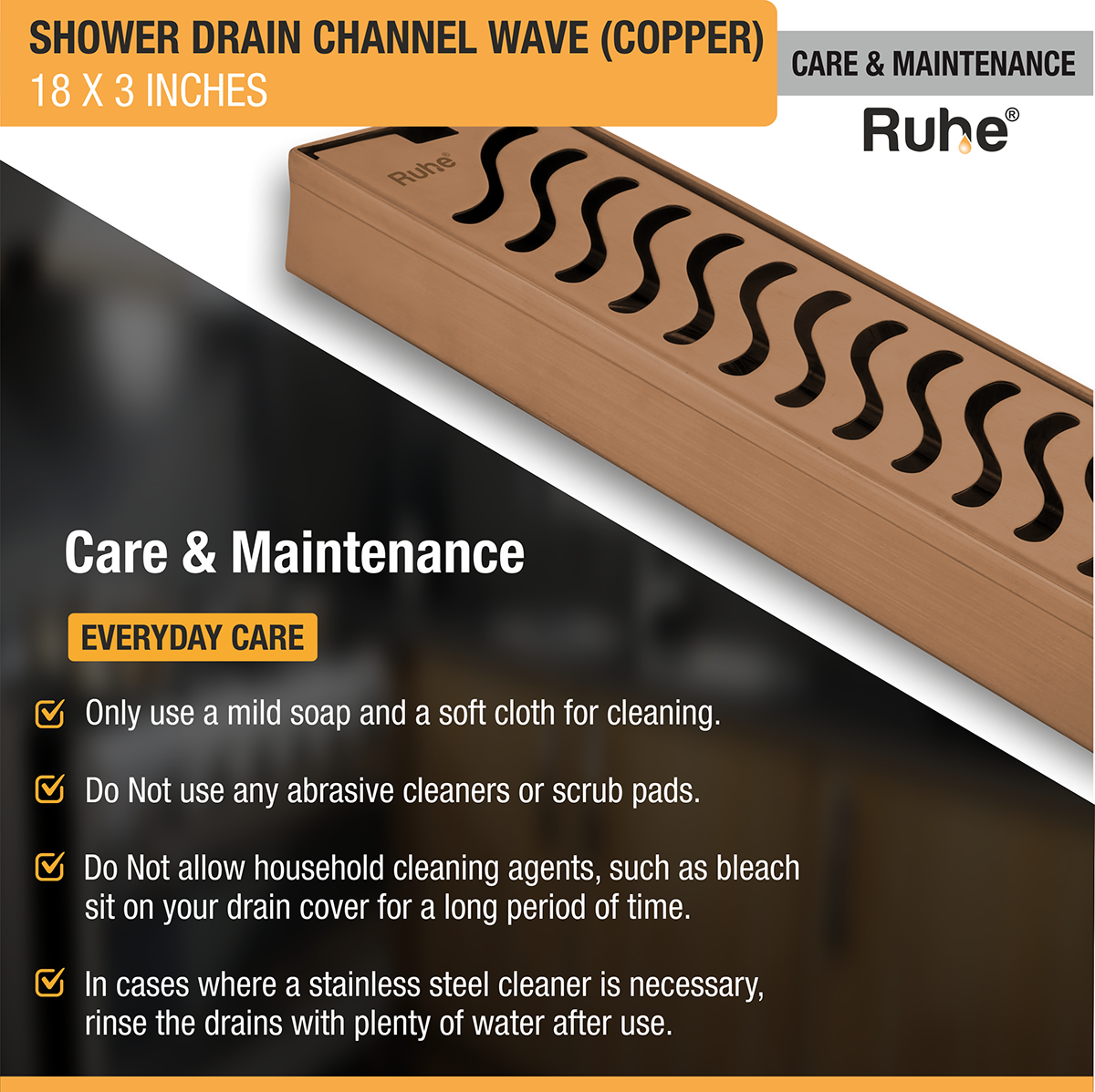 Wave Shower Drain Channel (18 x 3 Inches) ROSE GOLD PVD Coated - by Ruhe®