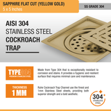 Sapphire Square Flat Cut Floor Drain in Yellow Gold PVD Coating (5 x 5 Inches) stainless steel