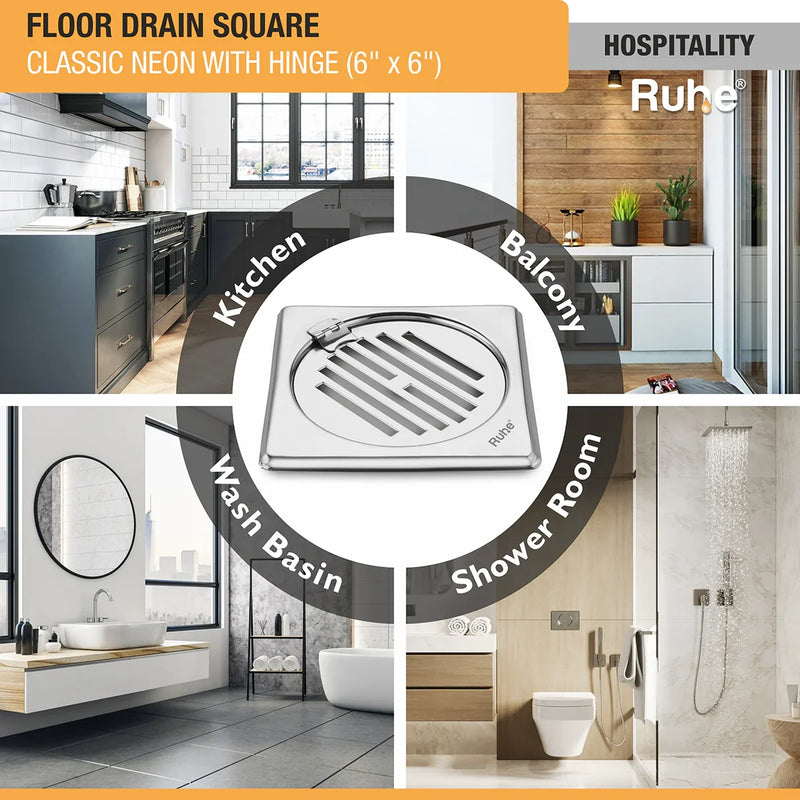Classic Neon Floor Drain (6 x 6 inches) with Hinged Grating Top - by Ruhe
