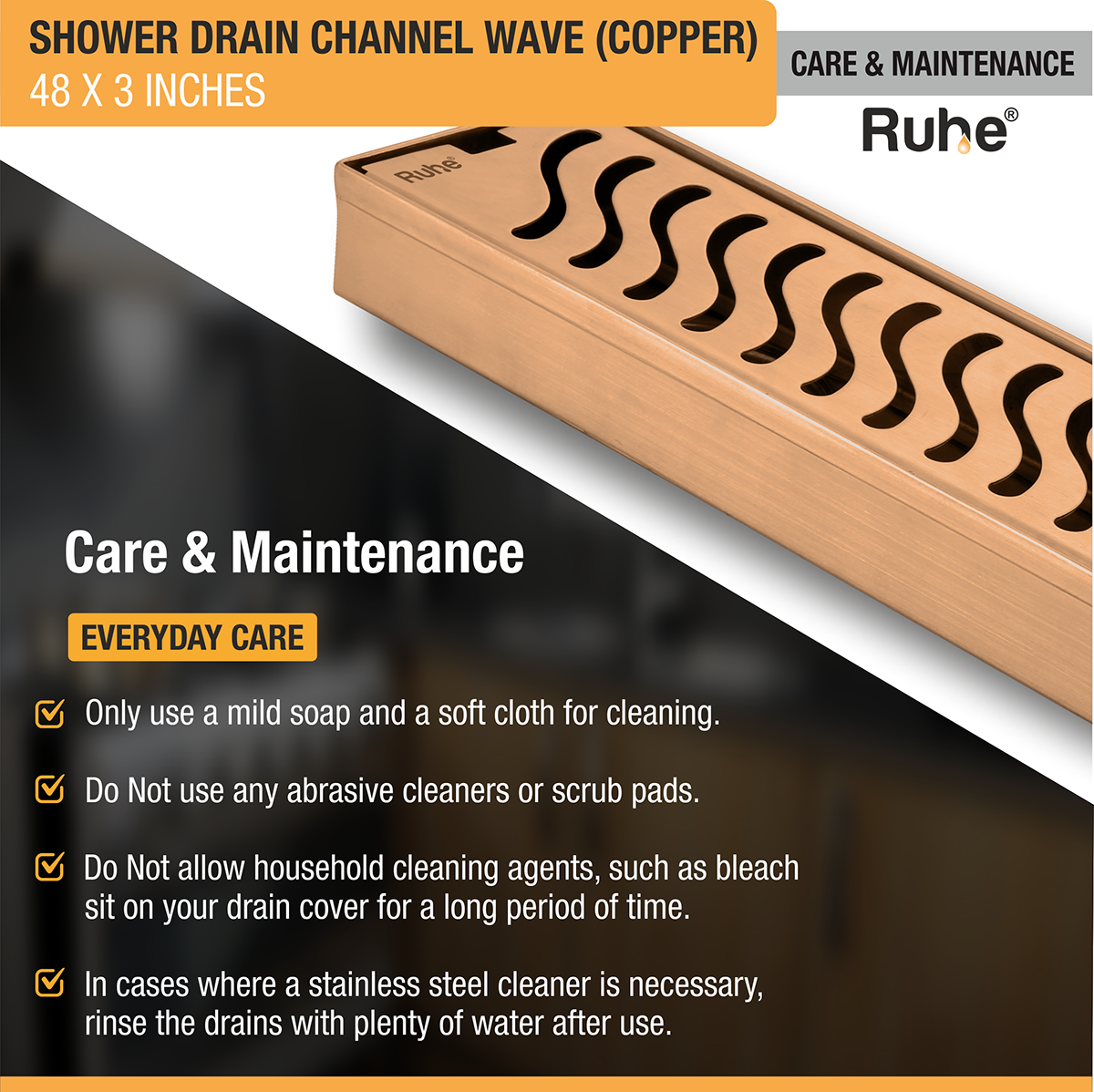 Wave Shower Drain Channel (48 x 3 Inches) ROSE GOLD/ANTIQUE COPPER care and maintenance