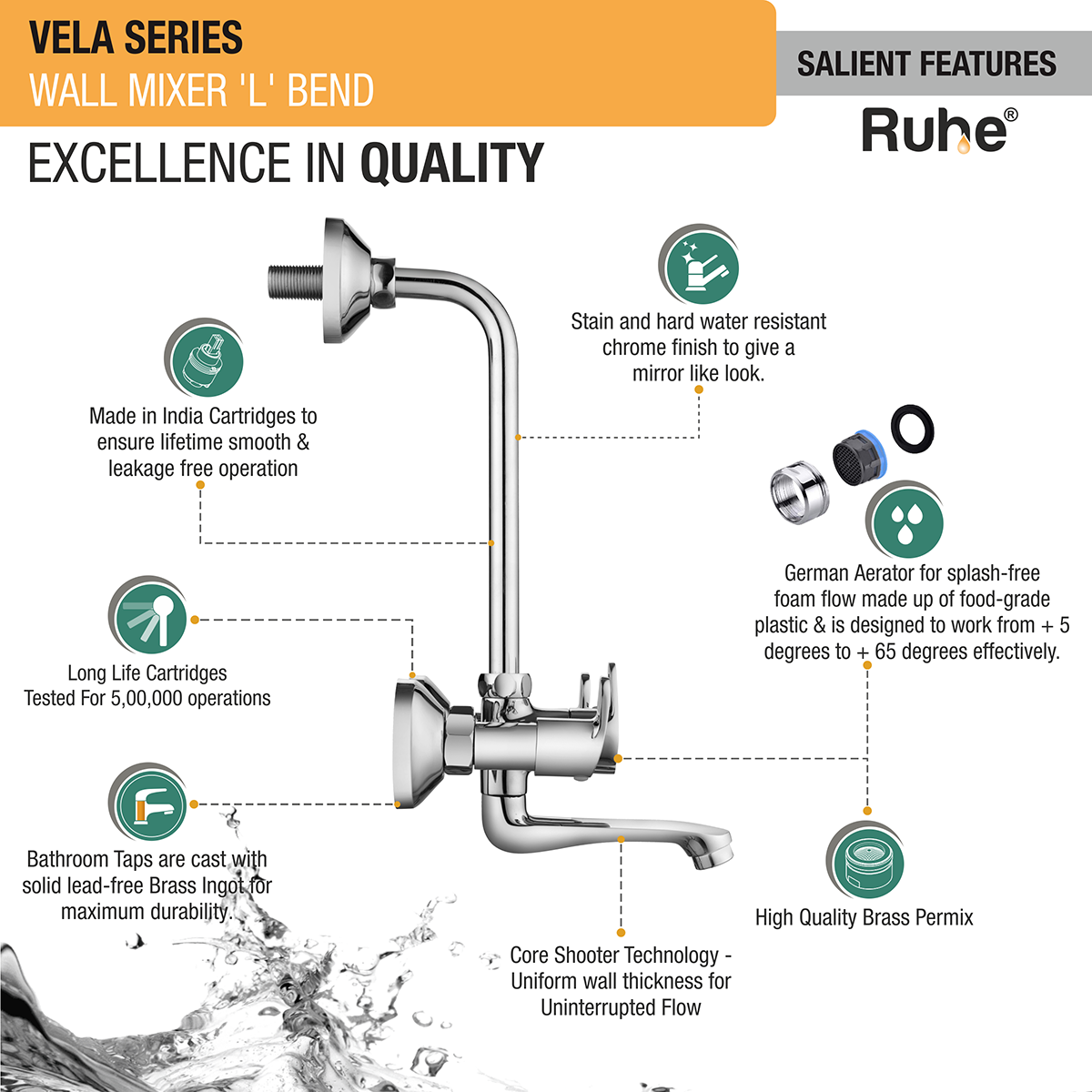 Vela Wall Mixer Tap with L Bend Pipe - by Ruhe®