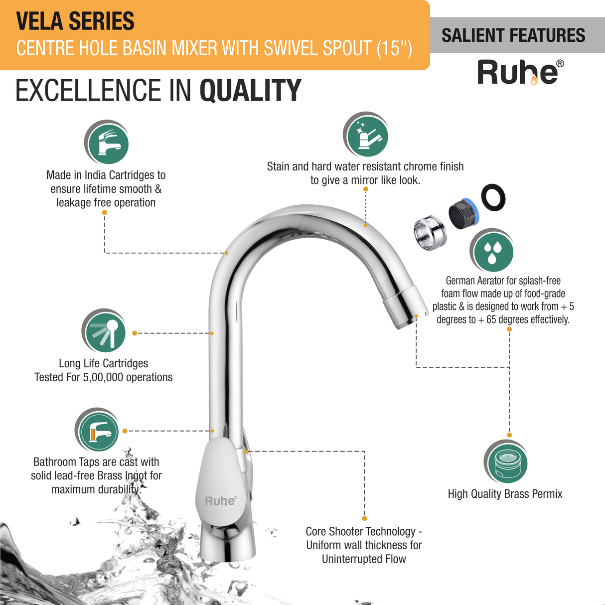 Vela Centre Hole Basin Mixer with Medium (15 inches) Round Swivel Spout Faucet features