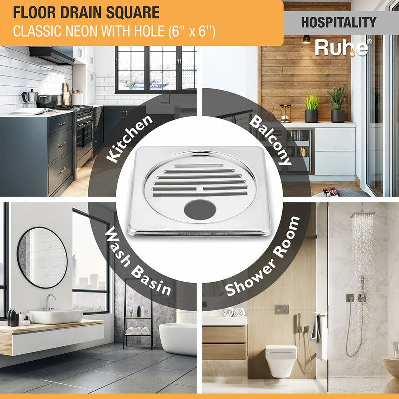 Classic Neon with Collar Square Floor Drain (6 x 6 inches) with Hole - by Ruhe