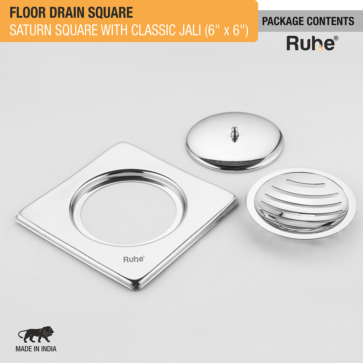 Saturn Classic Jali Square Floor Drain (6 x 6 Inches) with Lid - by Ruhe®