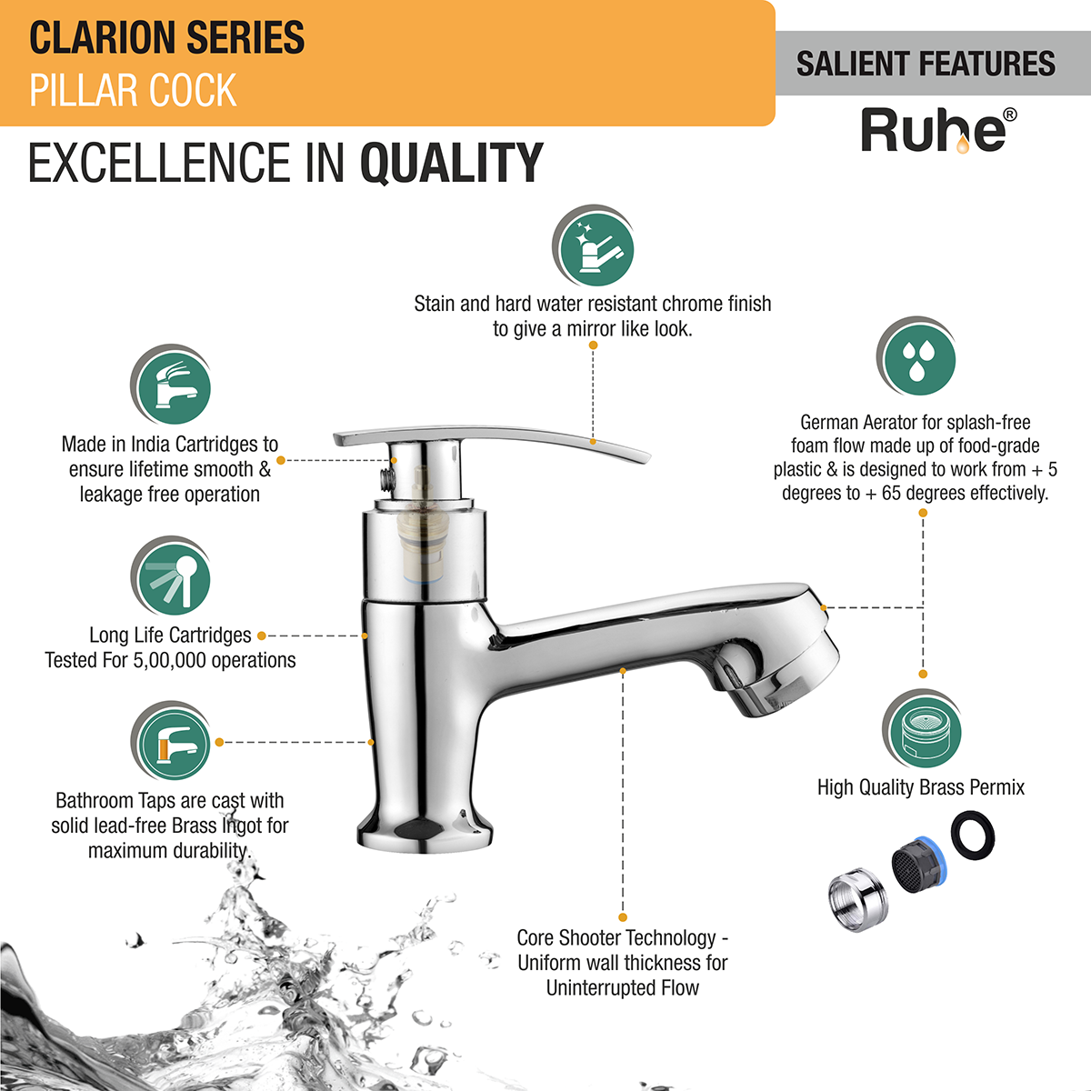 Clarion Pillar Tap Brass Faucet features