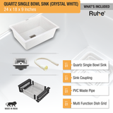 Quartz Single Bowl Crystal White Kitchen Sink (24 x 18 x 9 inches) with accessories
