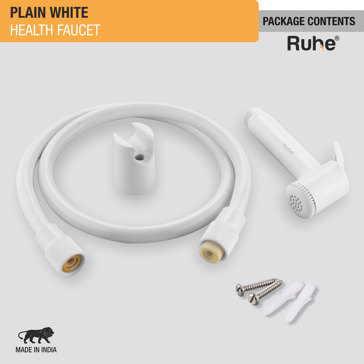 Plain White Health Faucet with Flexible Hose and Hook package content