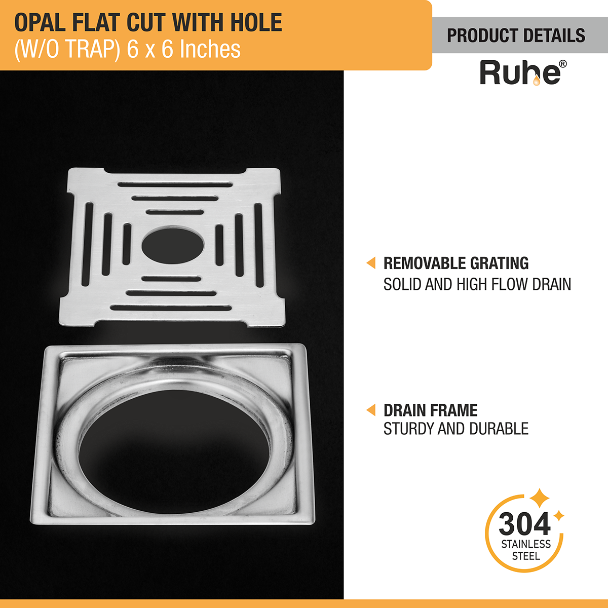 Opal Square Flat Cut 304-Grade Floor Drain with Hole (6 x 6 Inches) - by Ruhe®