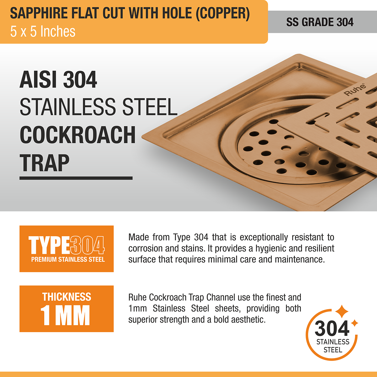 Sapphire Square Flat Cut Floor Drain in Antique Copper PVD Coating (5 x 5 Inches) with Hole stainless steel