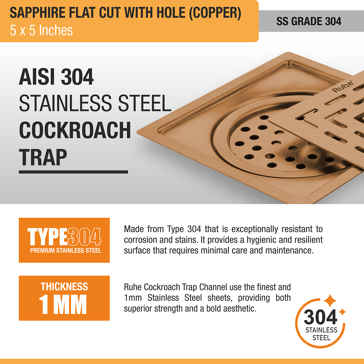 Sapphire Square Flat Cut Floor Drain in Antique Copper PVD Coating (5 x 5 Inches) with Hole - by Ruhe®