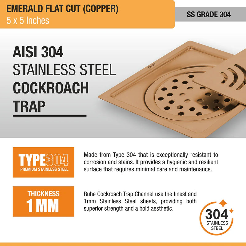 Emerald Square Flat Cut Floor Drain in Antique Copper PVD Coating (5 x 5 Inches) - by Ruhe