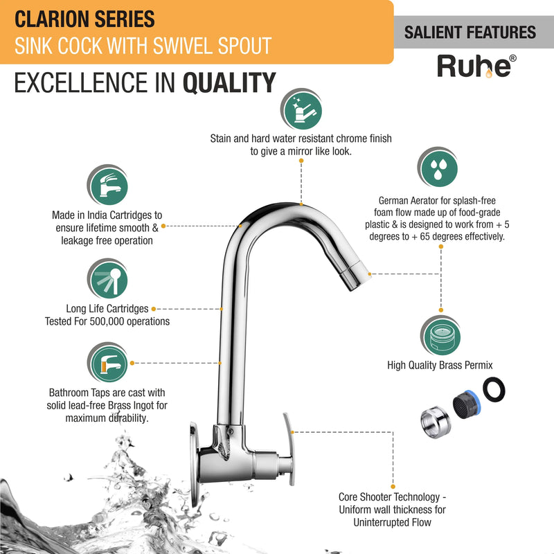 Clarion Brass Kitchen Sink Tap with Round Swivel Spout - by Ruhe