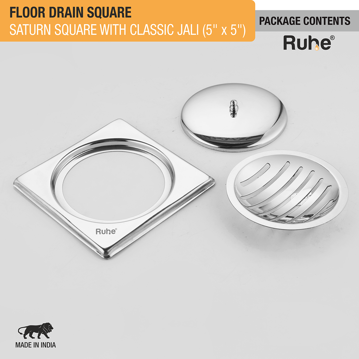 Saturn Classic Jali Square Floor Drain (5 x 5 Inches) with Lid - by Ruhe®