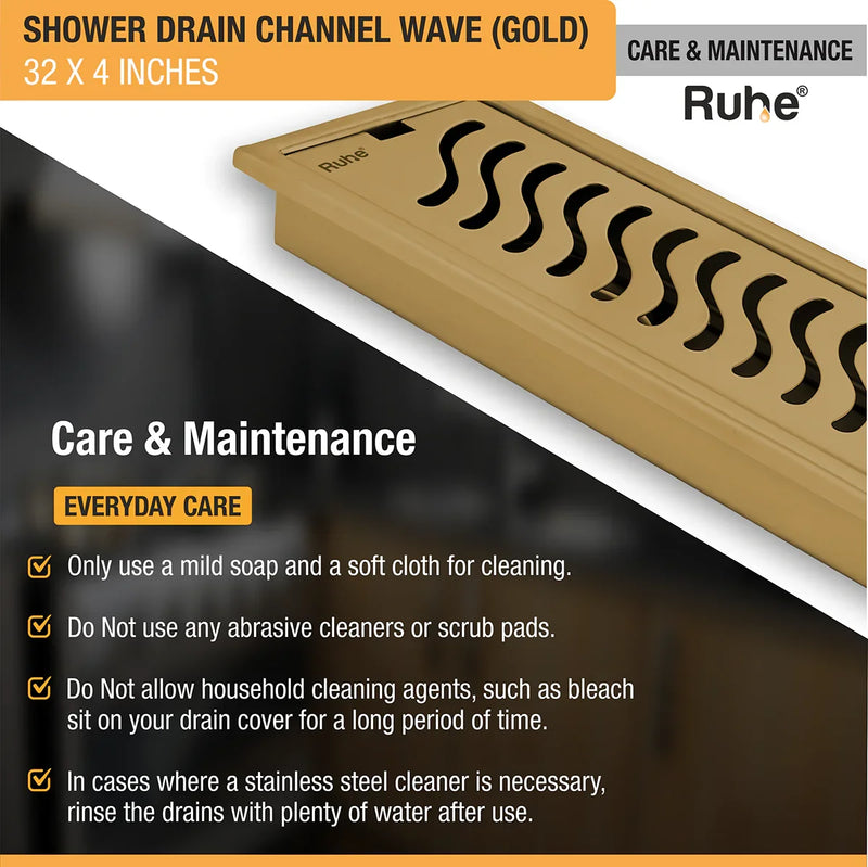Wave Shower Drain Channel (32 x 4 Inches) YELLOW GOLD PVD Coated - by Ruhe