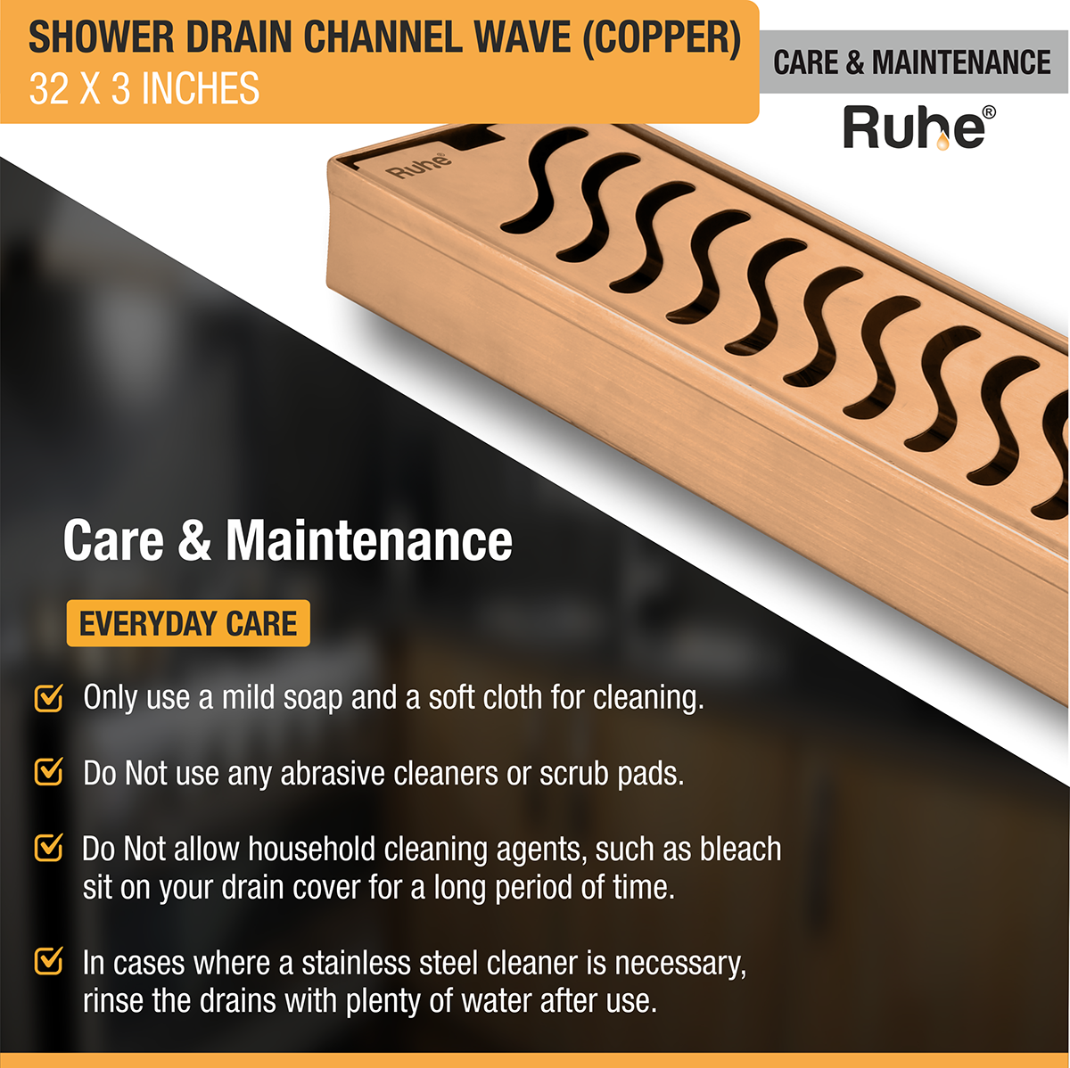 Wave Shower Drain Channel (32 x 3 Inches) ROSE GOLD PVD Coated - by Ruhe®