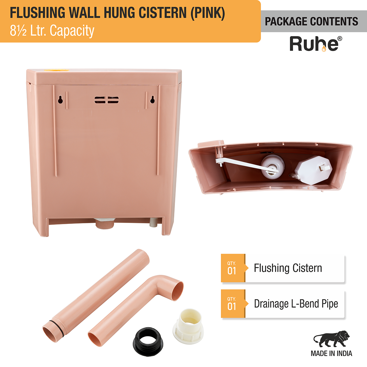 Flushing Wall Hung Cistern 8.5 Ltr. (Pink) package content