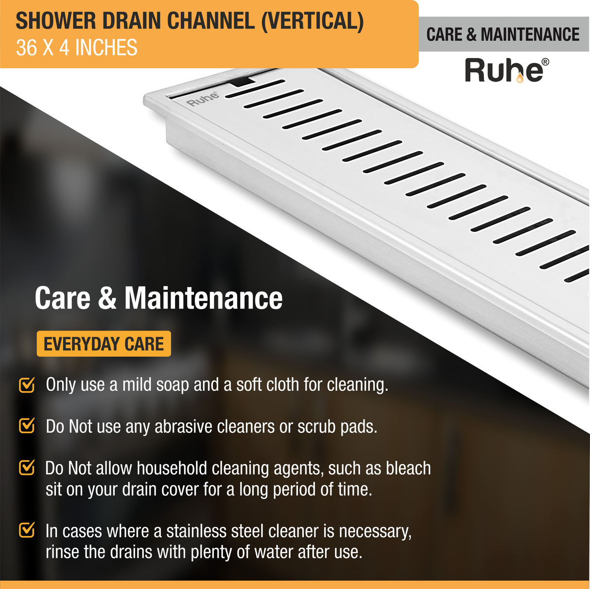 Vertical Shower Drain Channel (36 x 4 Inches) with Cockroach Trap (304 Grade) - by Ruhe®