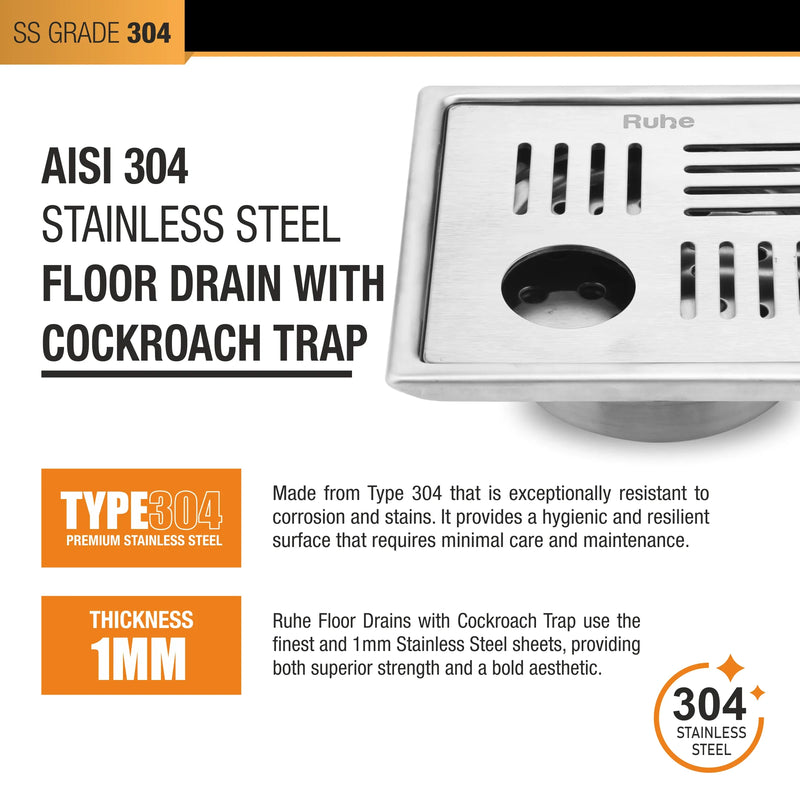 Ruby Square 304-Grade Floor Drain with Collar, Hole & Cockroach Trap (6 x 6 Inches) - by Ruhe