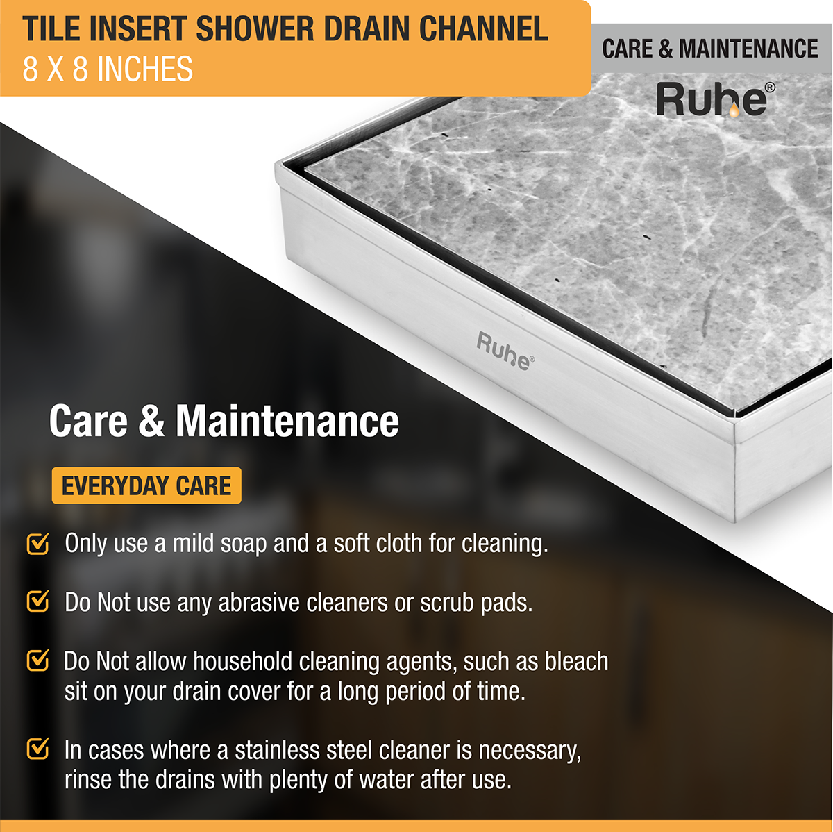 Tile Insert Shower Drain Channel (8 x 8 Inches) with Cockroach Trap (304 Grade) - by Ruhe®