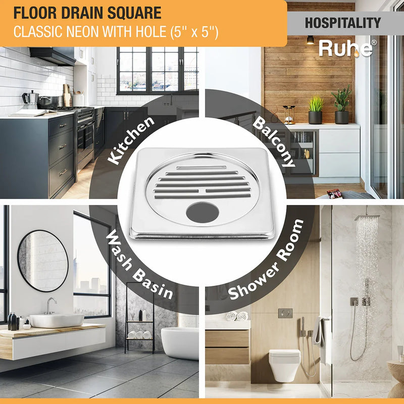 Classic Neon with Collar Square Floor Drain (5 x 5 Inches) with Hole - by Ruhe