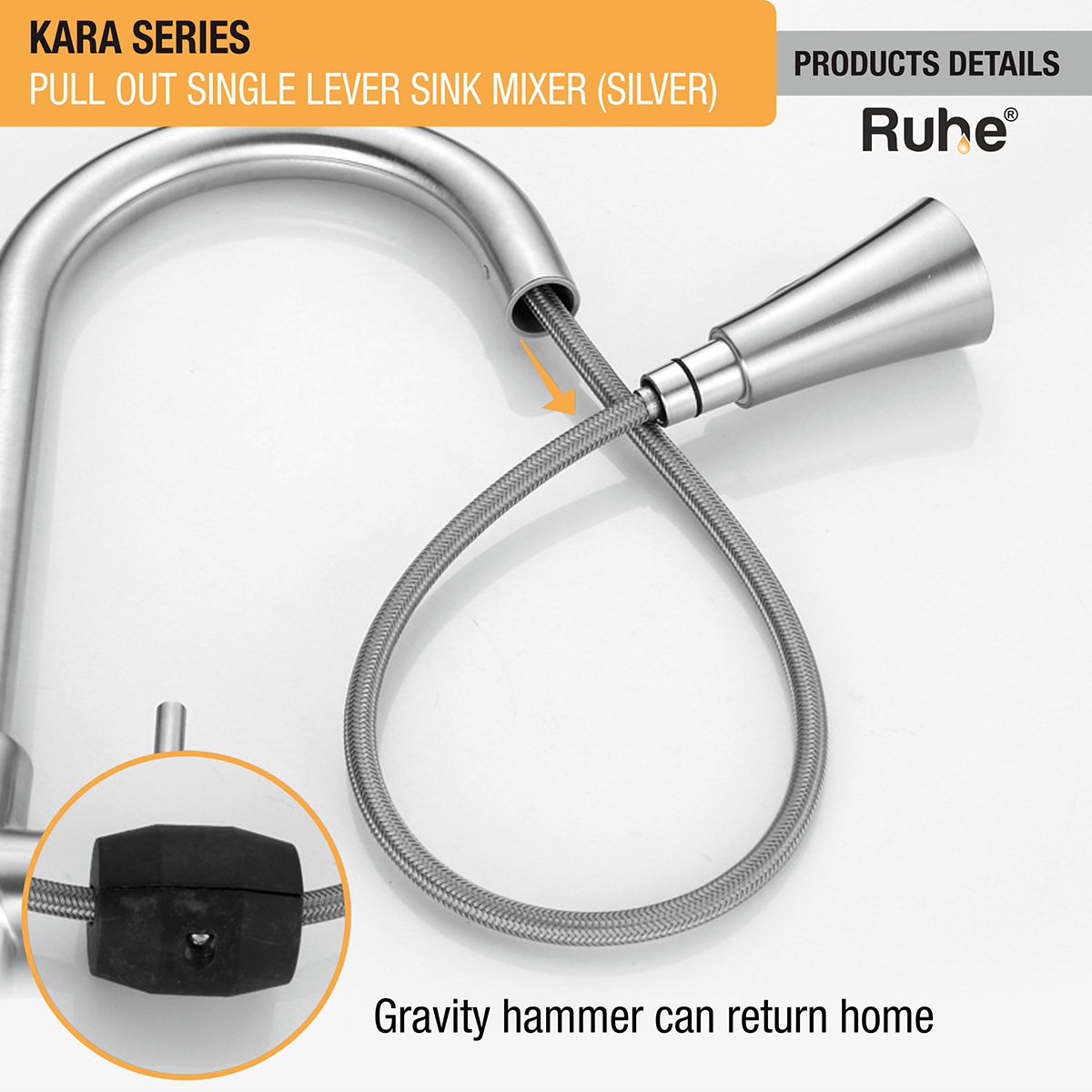 Kara Pull-out Single Lever Table Mount Sink Mixer Faucet with Dual Flow (Silver) 304-Grade SS product details
