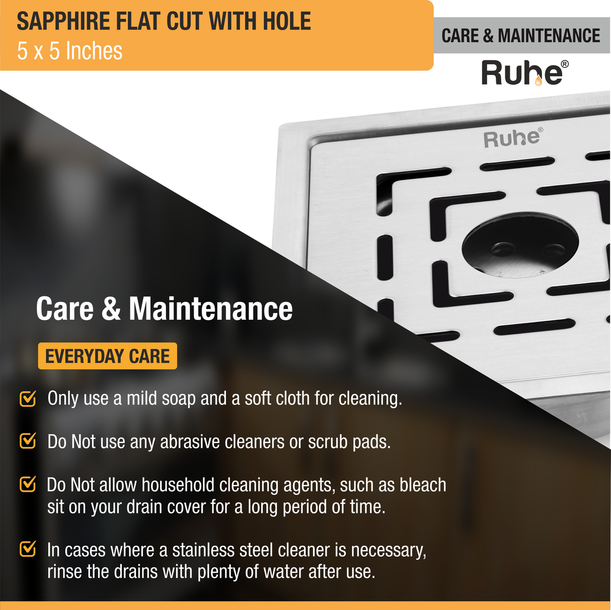 Sapphire Square Flat Cut 304-Grade Floor Drain with Hole & Cockroach Trap (5 x 5 Inches) - by Ruhe