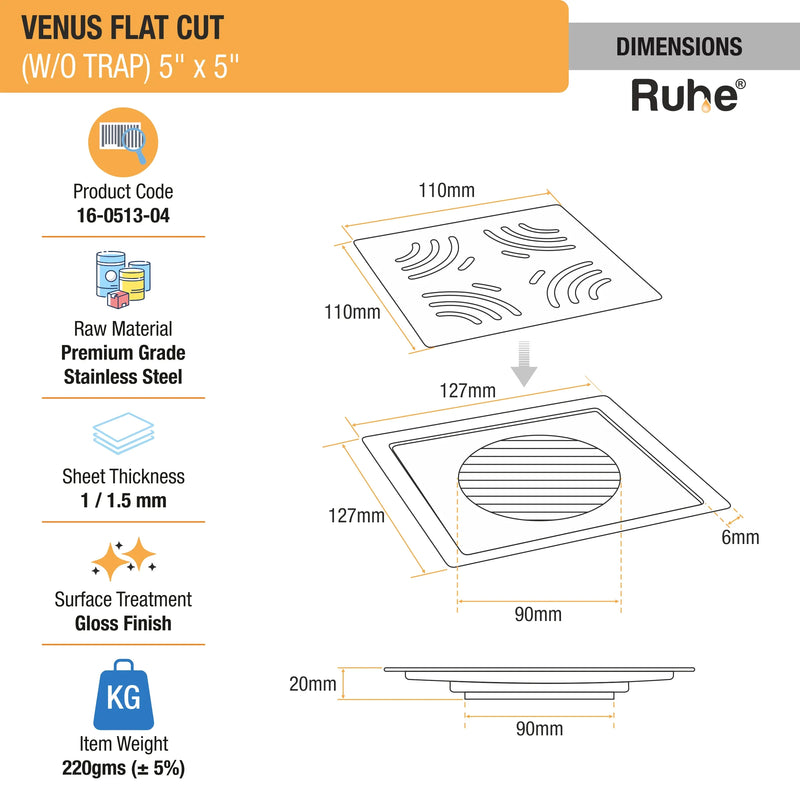 Venus Square Premium Flat Cut Floor Drain (5 x 5 Inches) - by Ruhe