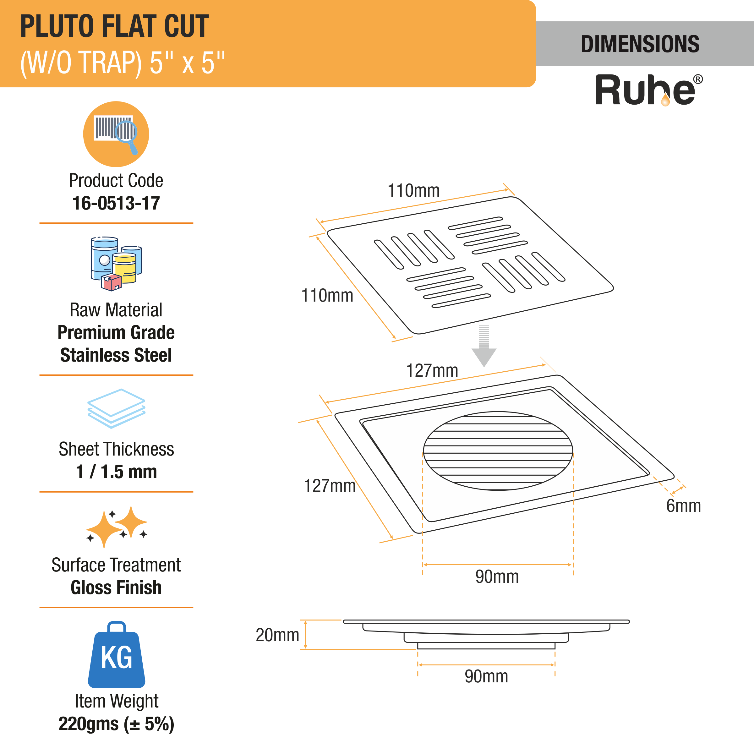 Pluto Square Premium Flat Cut Floor Drain (5 x 5 Inches) dimensions and size