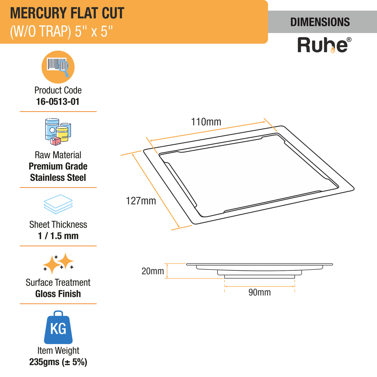 Mercury Square Premium Flat Cut Floor Drain (5 x 5 Inches) - by Ruhe