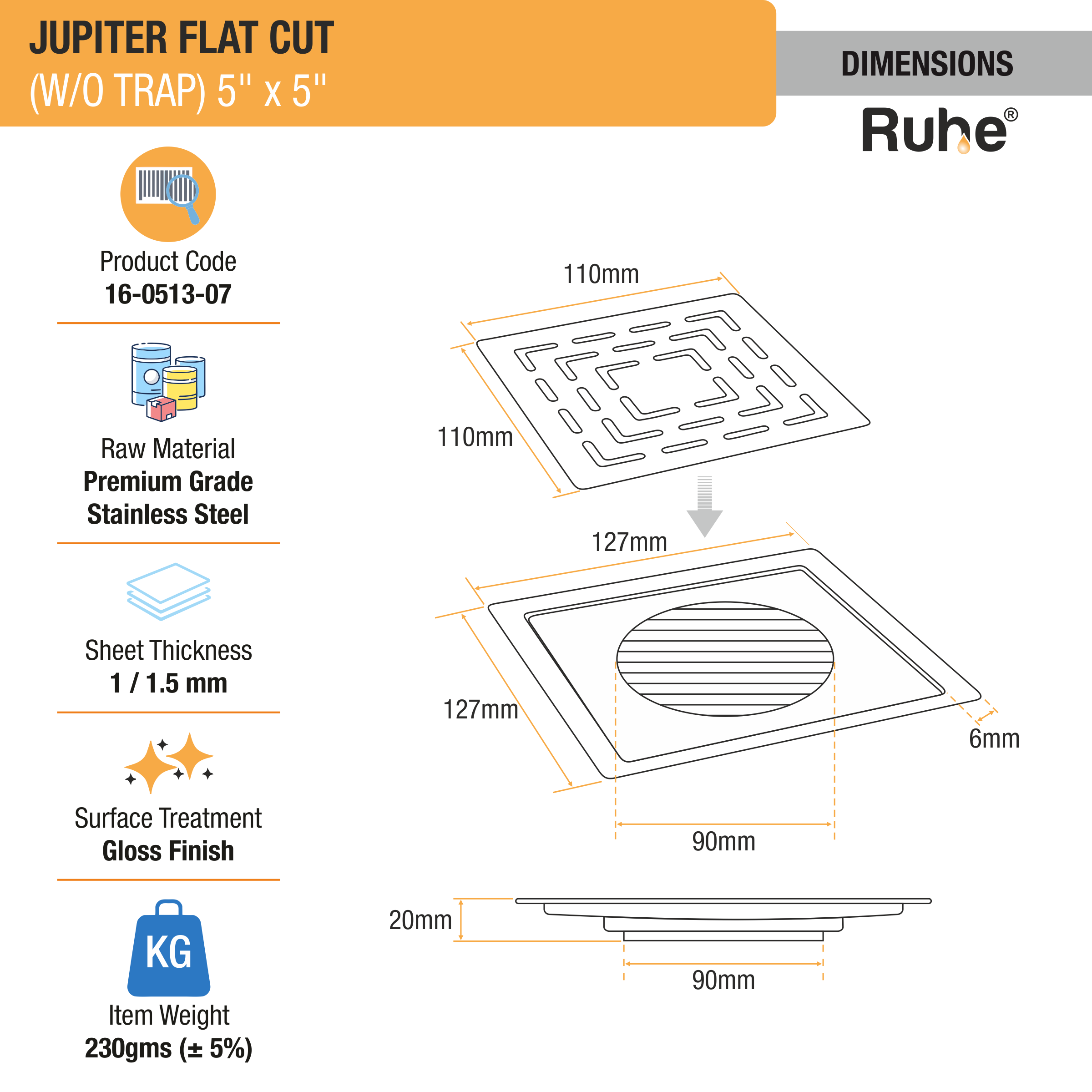 Jupiter Square Premium Flat Cut Floor Drain (5 x 5 Inches) dimensions and sizes