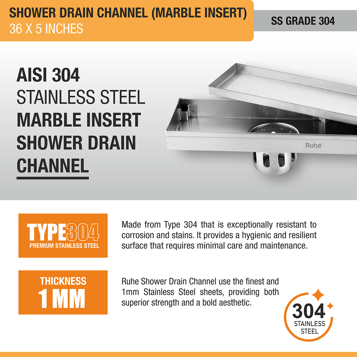 Marble Insert Shower Drain Channel (36 x 5 Inches) with Cockroach Trap (304 Grade) - by Ruhe®