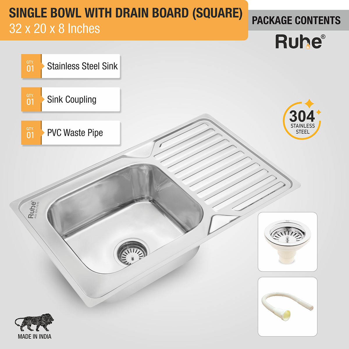 Square Single Bowl (32 x 20 x 8 inches) 304-Grade Stainless Steel Kitchen Sink with Drainboard with sink coupling, waste pipe