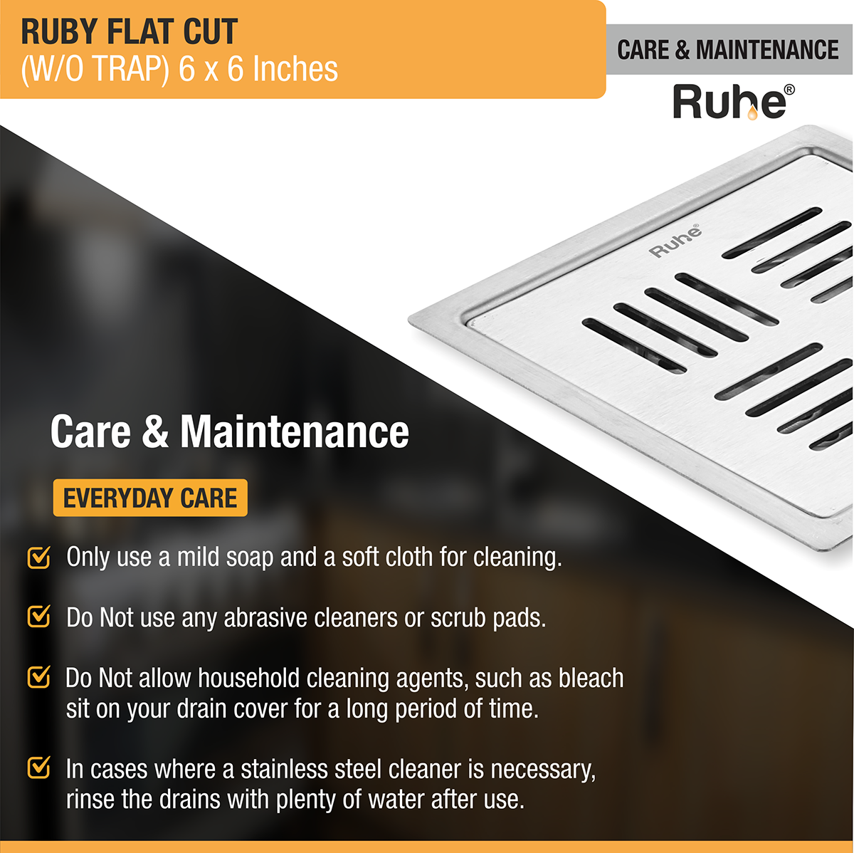 Ruby Square Flat Cut 304-Grade Floor Drain (6 x 6 Inches) - by Ruhe®