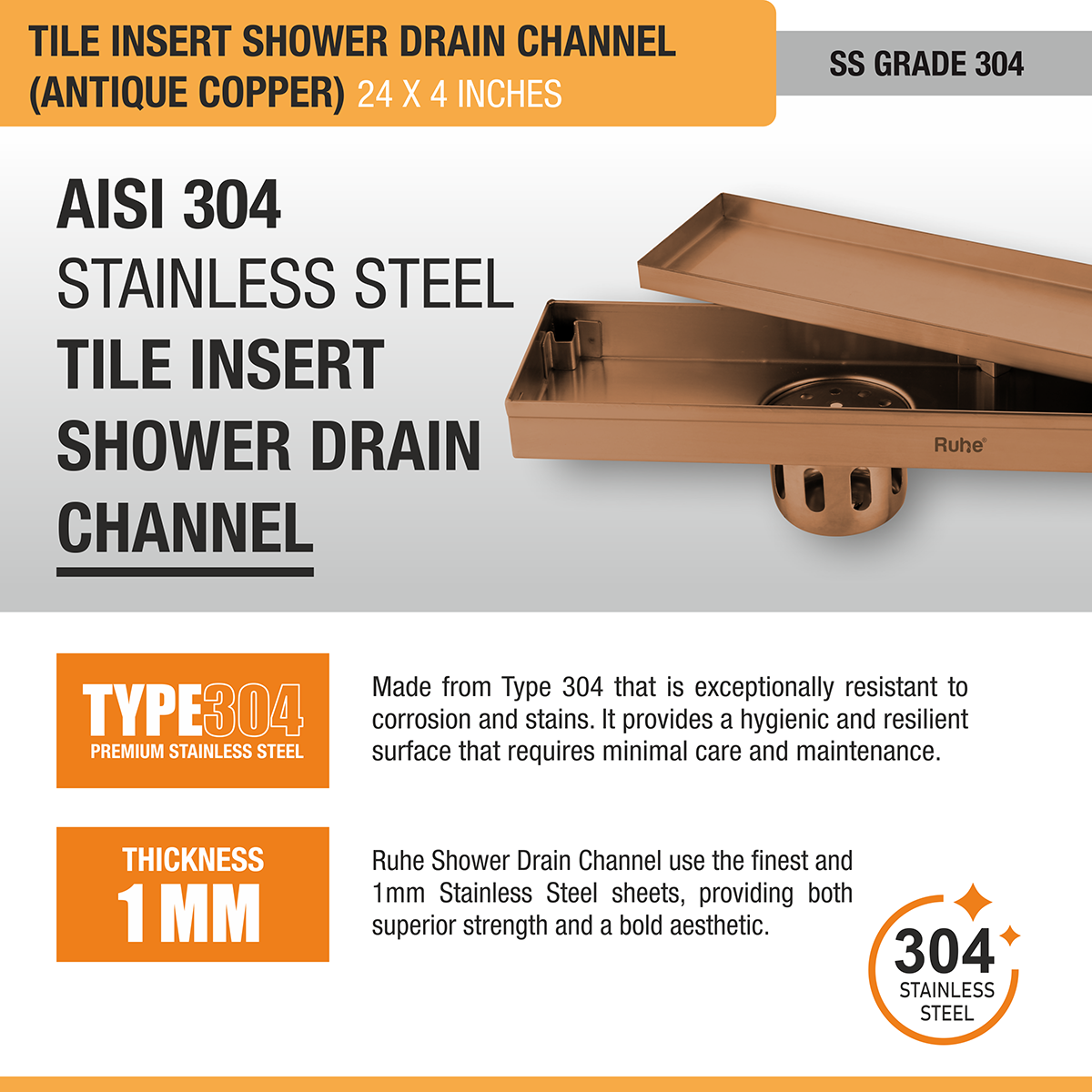 Tile Insert Shower Drain Channel (24 x 4 Inches) ROSE GOLD PVD Coated stainless steel