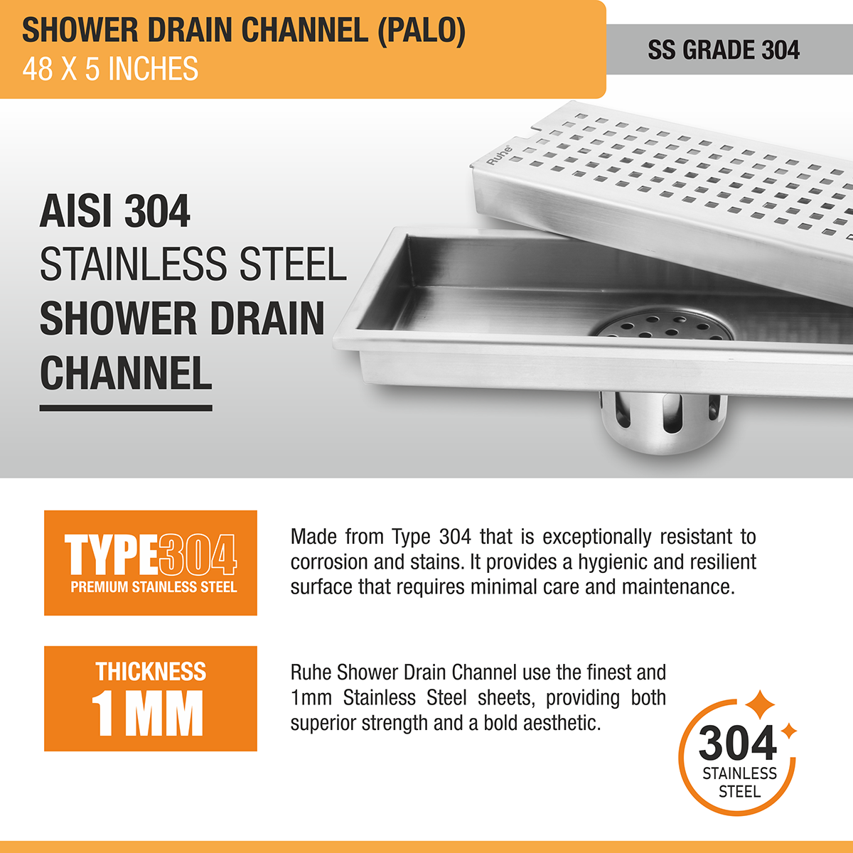 Palo Shower Drain Channel (48 x 5 Inches) with Cockroach Trap (304 Grade) - by Ruhe®