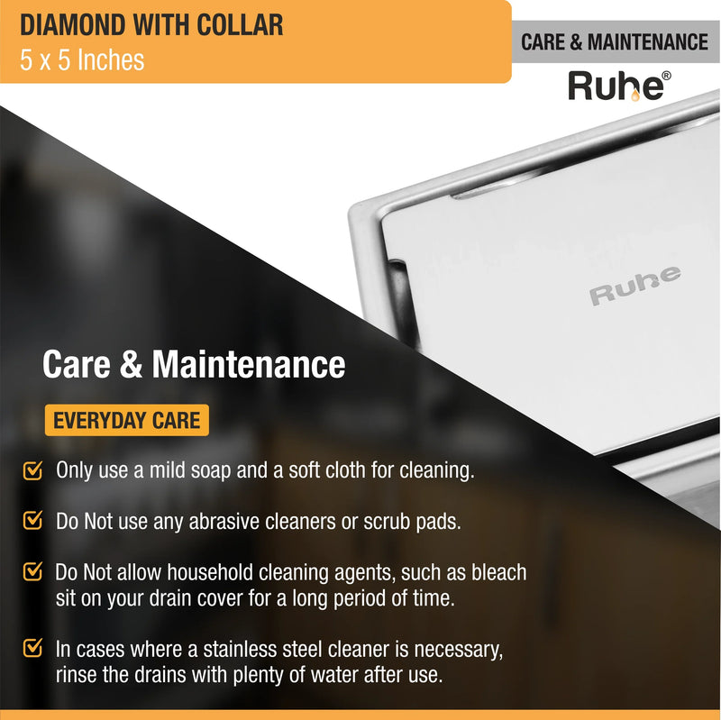 Diamond Square 304-Grade Floor Drain with Collar & Cockroach Trap (5 x 5 Inches) - by Ruhe