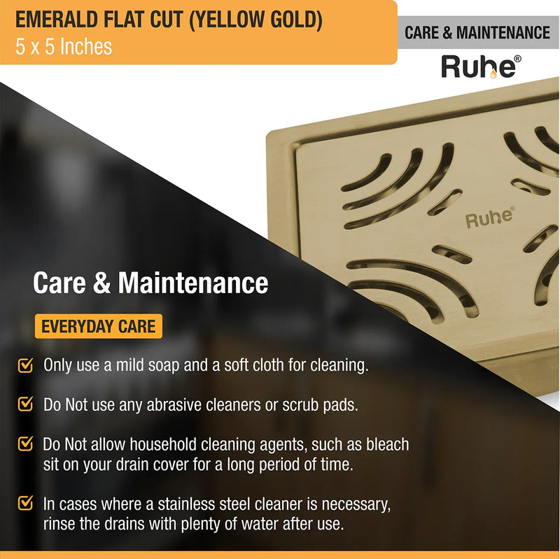 Emerald Square Flat Cut Floor Drain in Yellow Gold PVD Coating (5 x 5 Inches) - by Ruhe