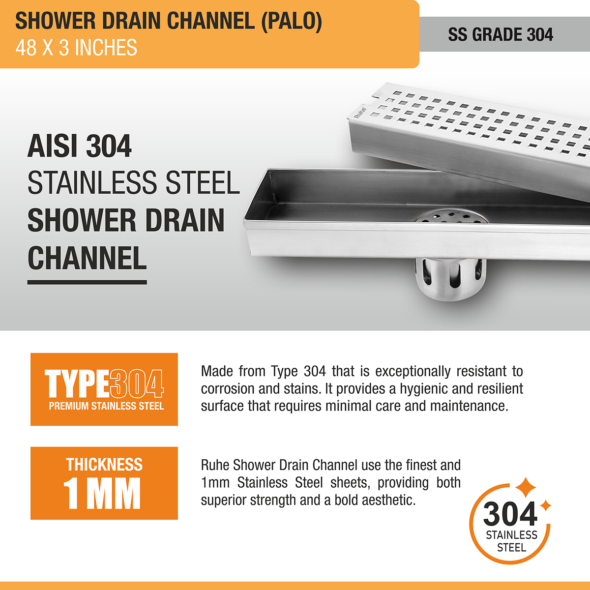 Palo Shower Drain Channel (48 x 3 Inches) with Cockroach Trap (304 Grade) - by Ruhe®