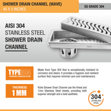 Wave Shower Drain Channel (40 X 5 Inches) with Cockroach Trap (304 Grade) stainless steel