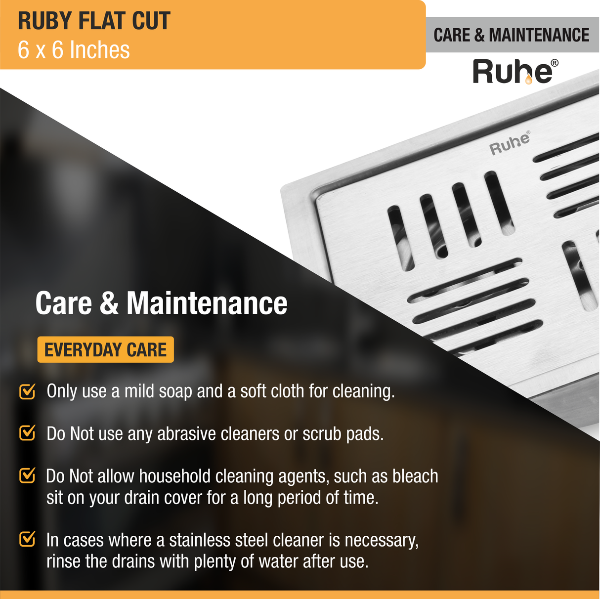 Ruby Square Flat Cut 304-Grade Floor Drain with Cockroach Trap (6 x 6 Inches) - by Ruhe®