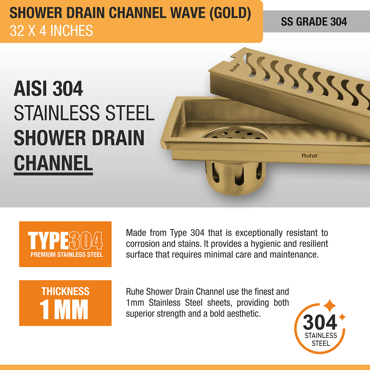 Wave Shower Drain Channel (32 x 4 Inches) YELLOW GOLD PVD Coated - by Ruhe®