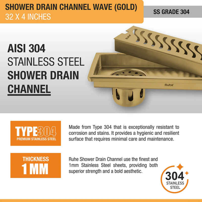 Wave Shower Drain Channel (32 x 4 Inches) YELLOW GOLD PVD Coated - by Ruhe