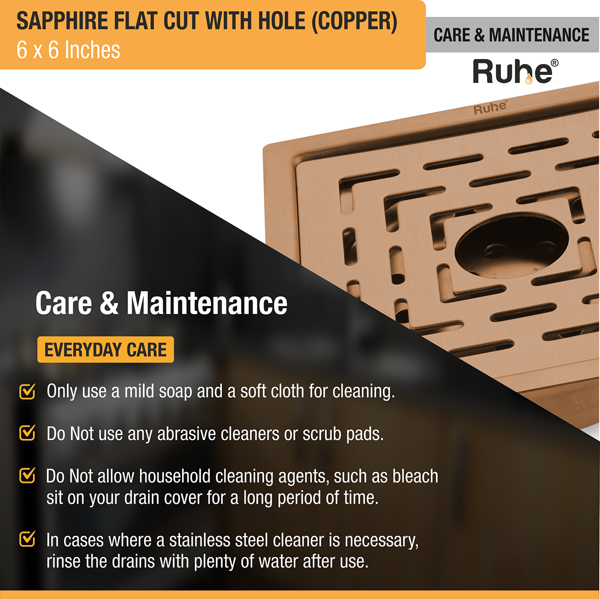 Sapphire Square Flat Cut Floor Drain in Antique Copper PVD Coating (6 x 6 Inches) with Hole care and maintenance