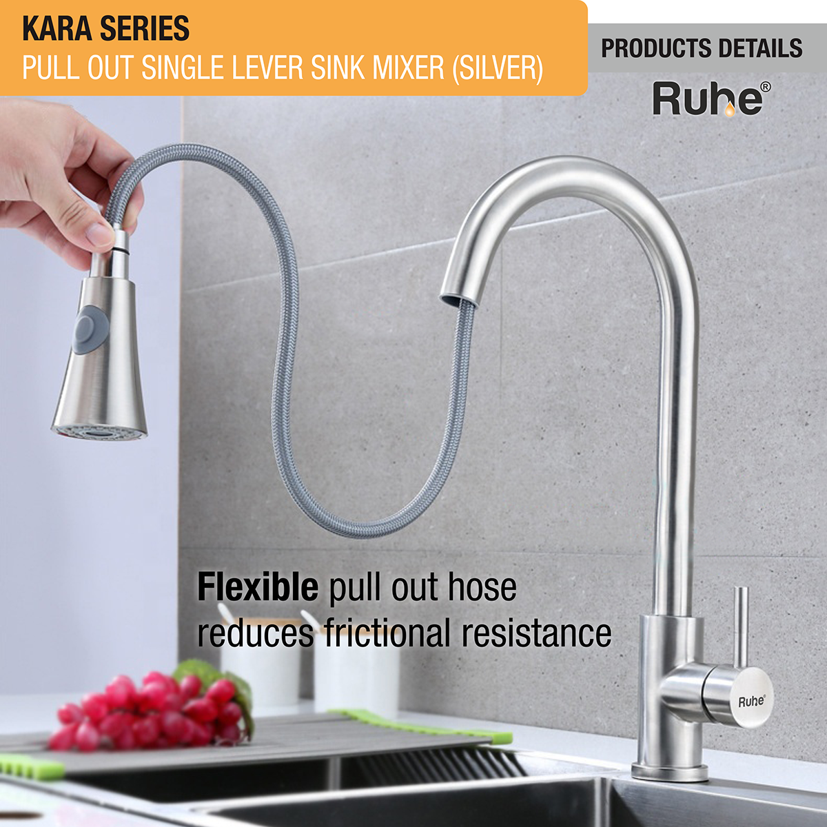 Kara Pull-out Single Lever Table Mount Sink Mixer Faucet with Dual Flow (Silver) 304-Grade SS with flexible pull out hose reduces frictional resistance