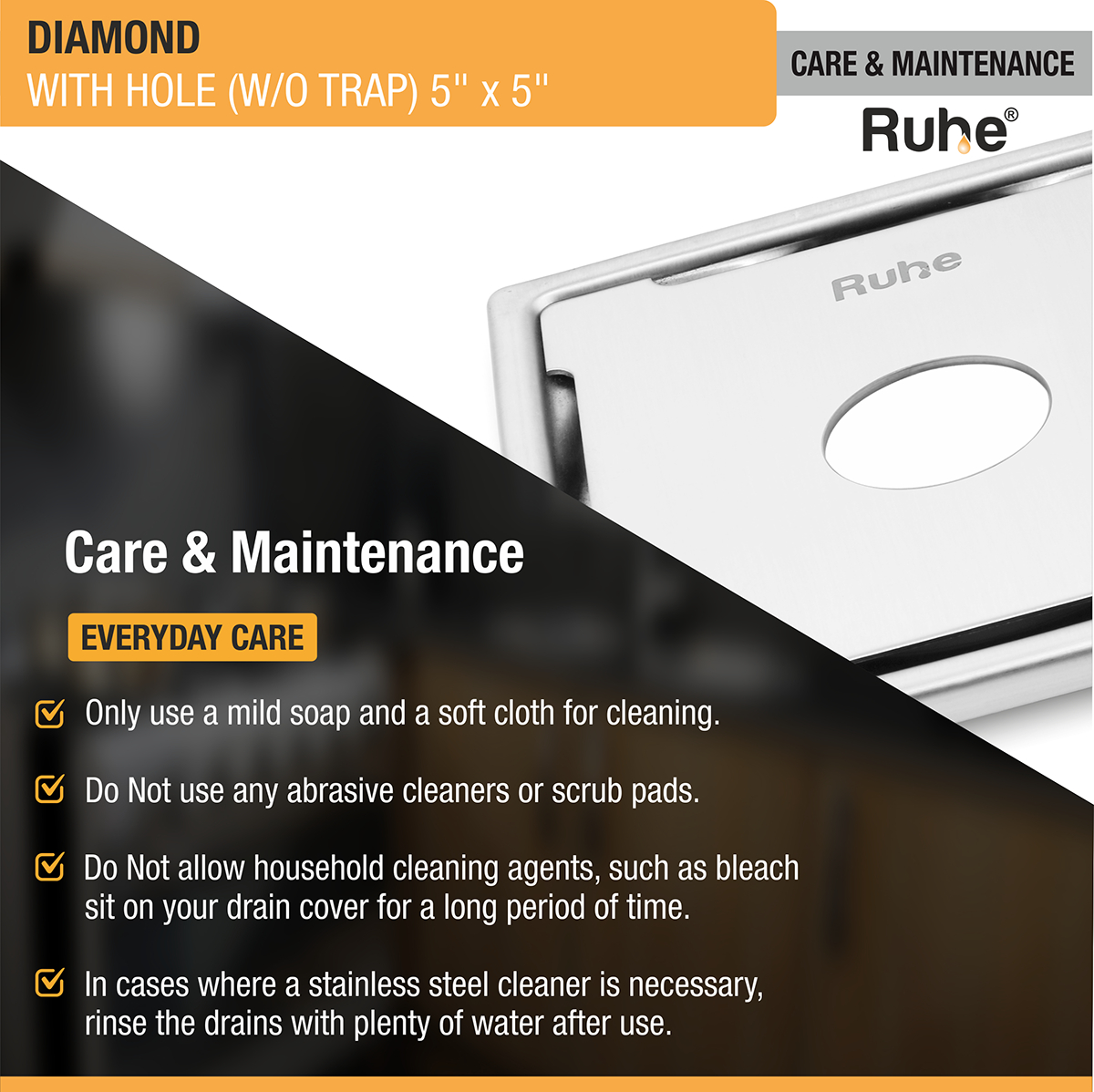 Diamond Square Floor Drain (5 x 5 Inches) with Hole (304 Grade) care and maintenance