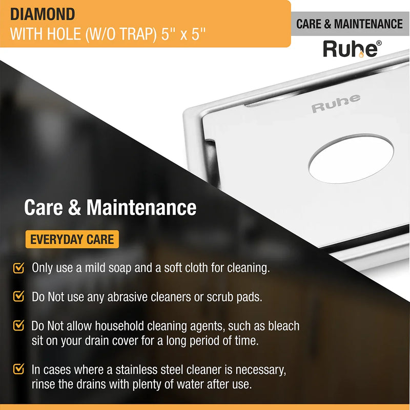 Diamond Square 304-Grade Floor Drain with Hole (5 x 5 Inches) - by Ruhe