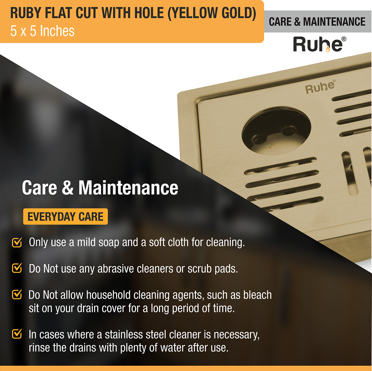 Ruby Square Flat Cut Floor Drain in Yellow Gold PVD Coating (5 x 5 Inches) with Hole - by Ruhe®