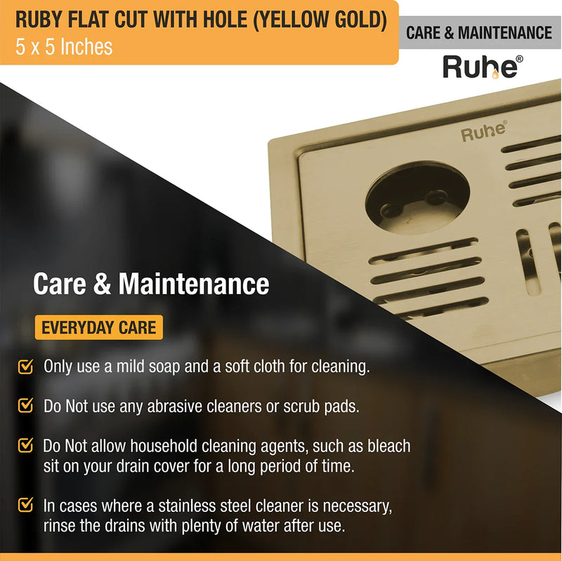 Ruby Square Flat Cut Floor Drain in Yellow Gold PVD Coating (5 x 5 Inches) with Hole - by Ruhe