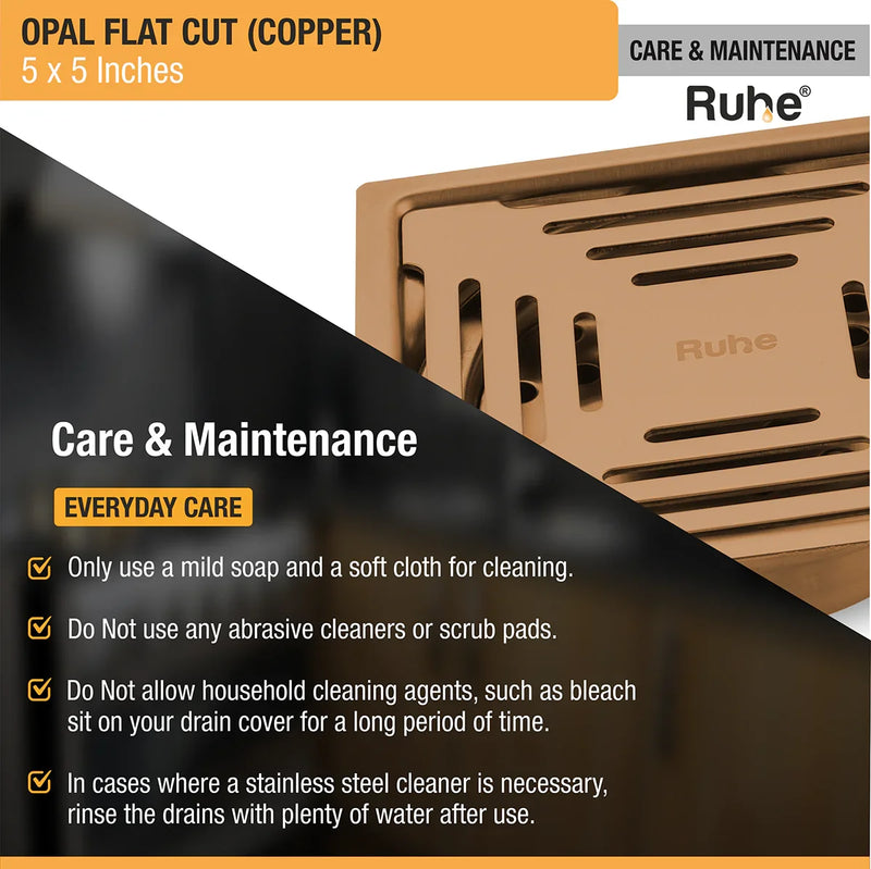Opal Square Flat Cut Floor Drain in Antique Copper PVD Coating (5 x 5 Inches) - by Ruhe