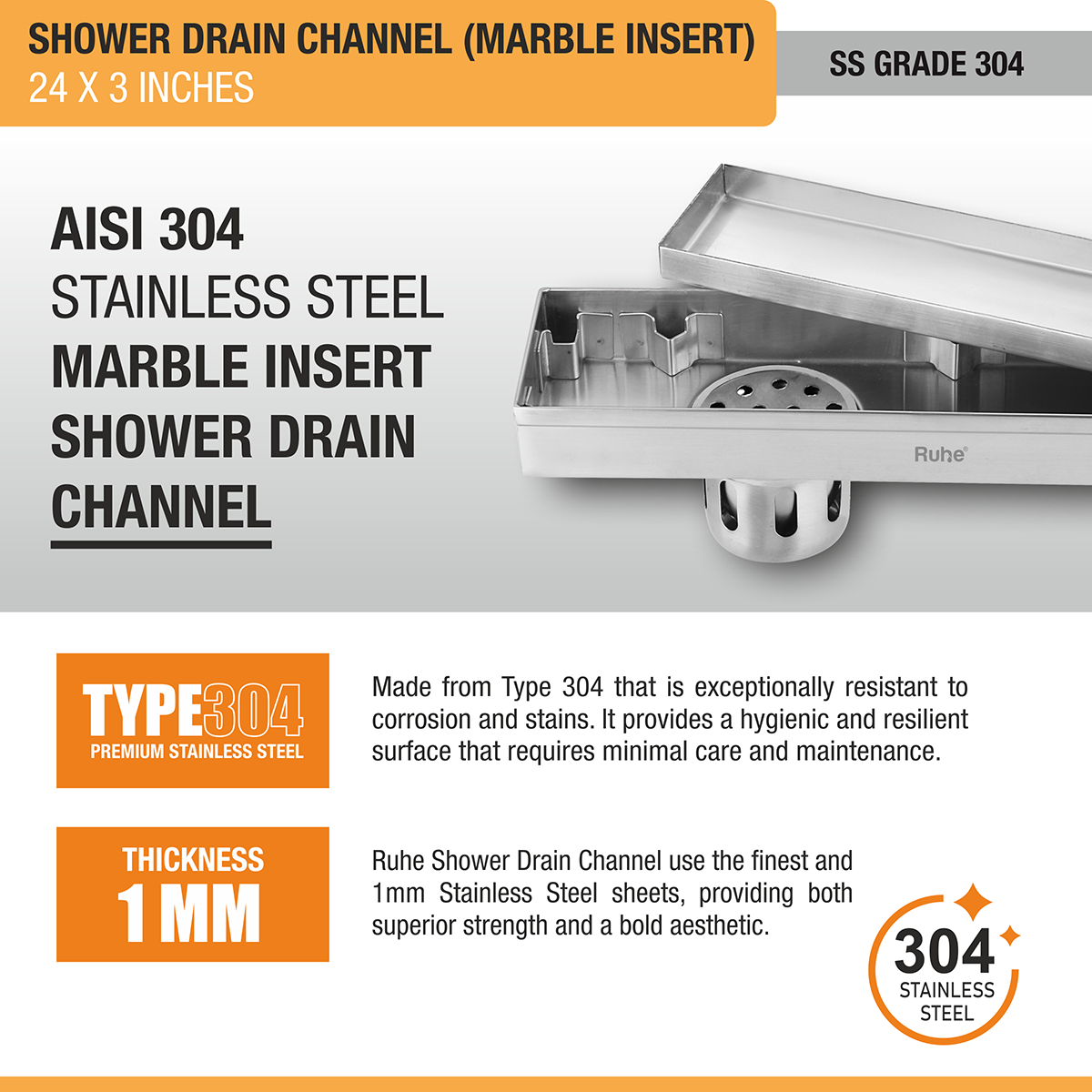 Marble Insert Shower Drain Channel (24 x 3 Inches) with Cockroach Trap (304 Grade) stainless steel